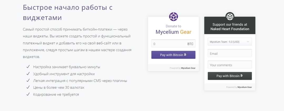 описание работы виджетов в Mycelium кошелек